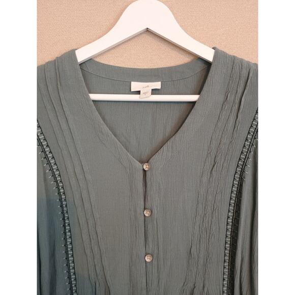 J Jill Shirt Womens Small Blue Spruce Embroidered Pintuck Button Boho Blouse - Picture 6 of 12
